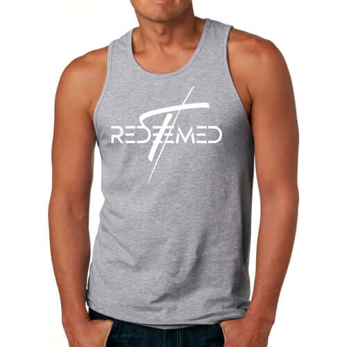 Men's gray fitness tank top with 'Redeemed' graphic, made from soft preshrunk cotton, perfect for workouts.
