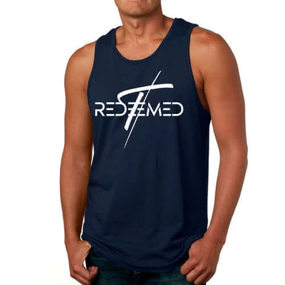 Mens fitness tank top featuring 'Redeemed' graphic, soft preshrunk cotton for comfort and durability.