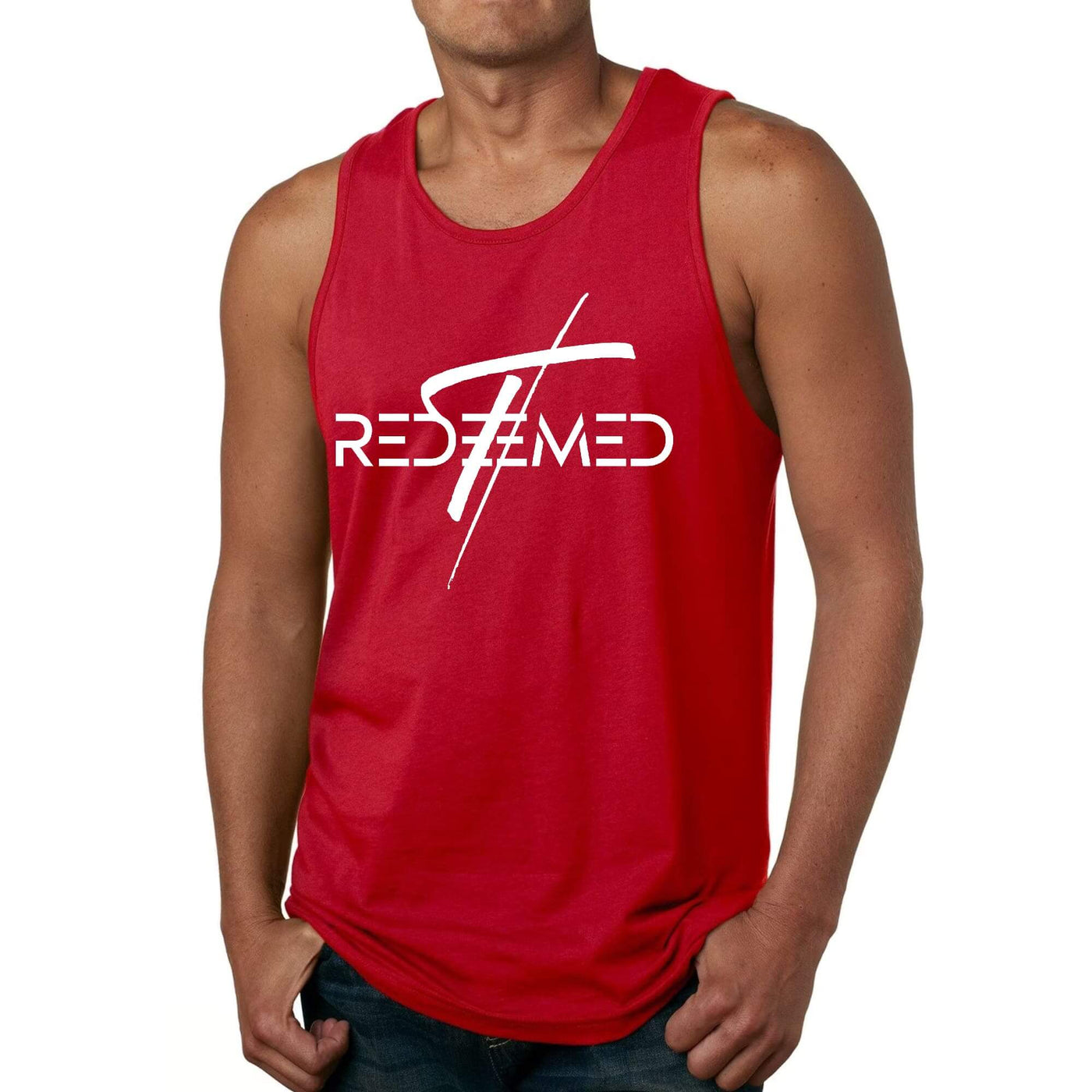 Men's red fitness tank top with 'Redeemed' graphic design, made from soft preshrunk cotton for comfort and a classic fit.