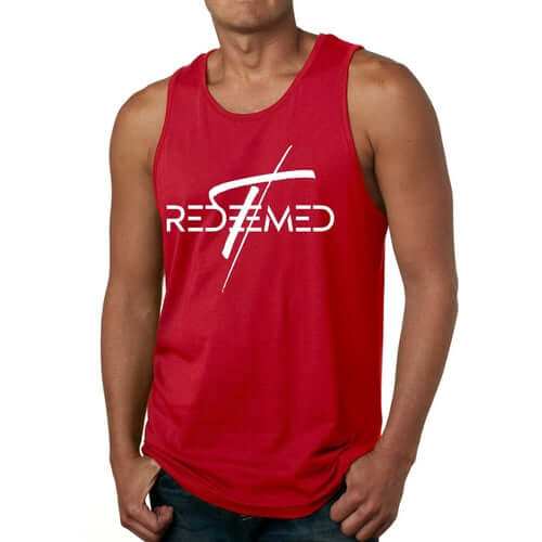 Men's red fitness tank top with 'REDEEMED' graphic design, made of soft, preshrunk cotton for comfort.