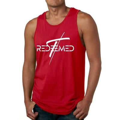 Men's red fitness tank top with 'REDEEMED' graphic design, made of soft, preshrunk cotton for comfort.