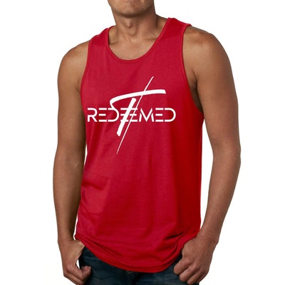 Men's red fitness tank top with 'Redeemed' graphic design, made from soft preshrunk cotton for comfort and a classic fit.