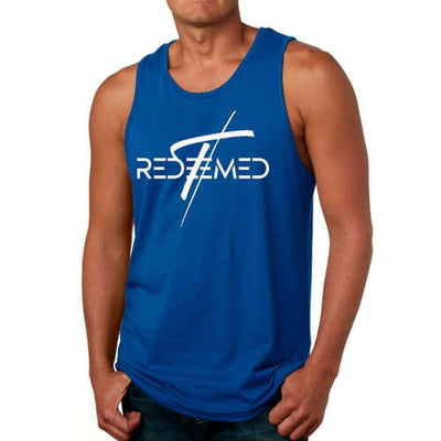 Men's blue fitness tank top featuring 'Redeemed' graphic design, made with soft preshrunk cotton for comfort.