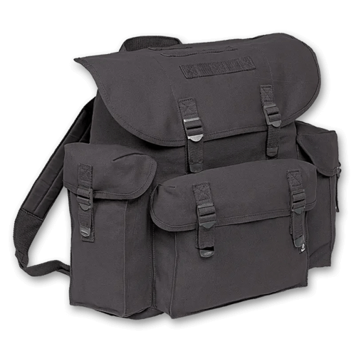 Pocket Military Bag with lightly padded shoulder straps, metal closures, and 3 outside pockets. 40L capacity.