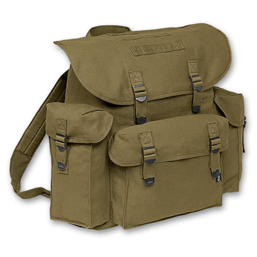 Olive green pocket military bag with padded straps, metal closures, and multiple exterior pockets.