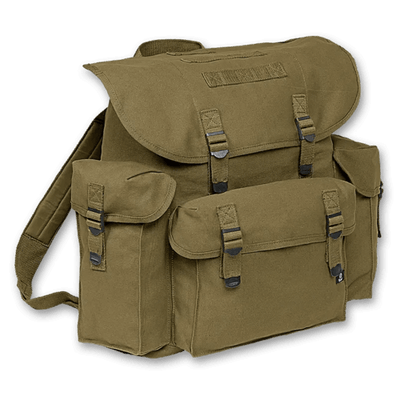 Olive green pocket military bag with padded straps, metal closures, and multiple exterior pockets.