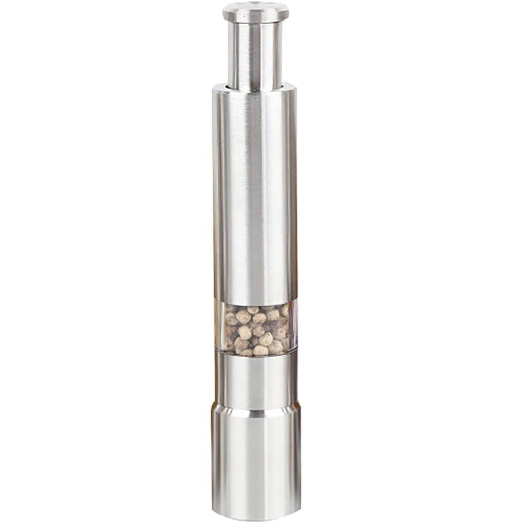 Premium stainless steel salt and pepper grinder with transparent chamber for easy spice visibility.