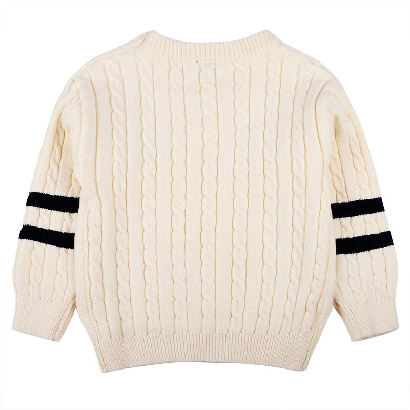 Baby Logo Patch Pattern Side Striped Sleeves Conchet Knit Sweater
