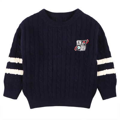 Baby Logo Patch Pattern Side Striped Sleeves Conchet Knit Sweater