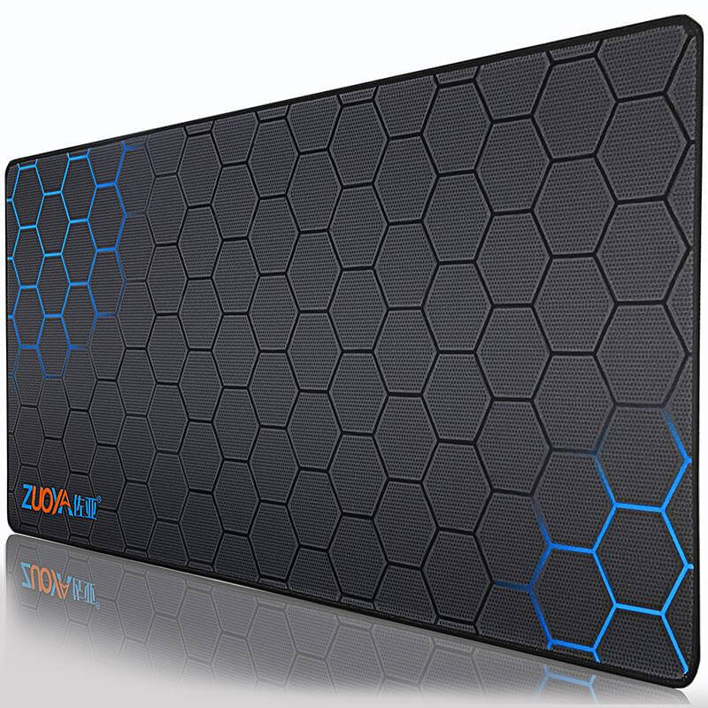 Large gaming mouse pad with anti-slip natural rubber surface and hexagonal design by Zuoya in black and blue.